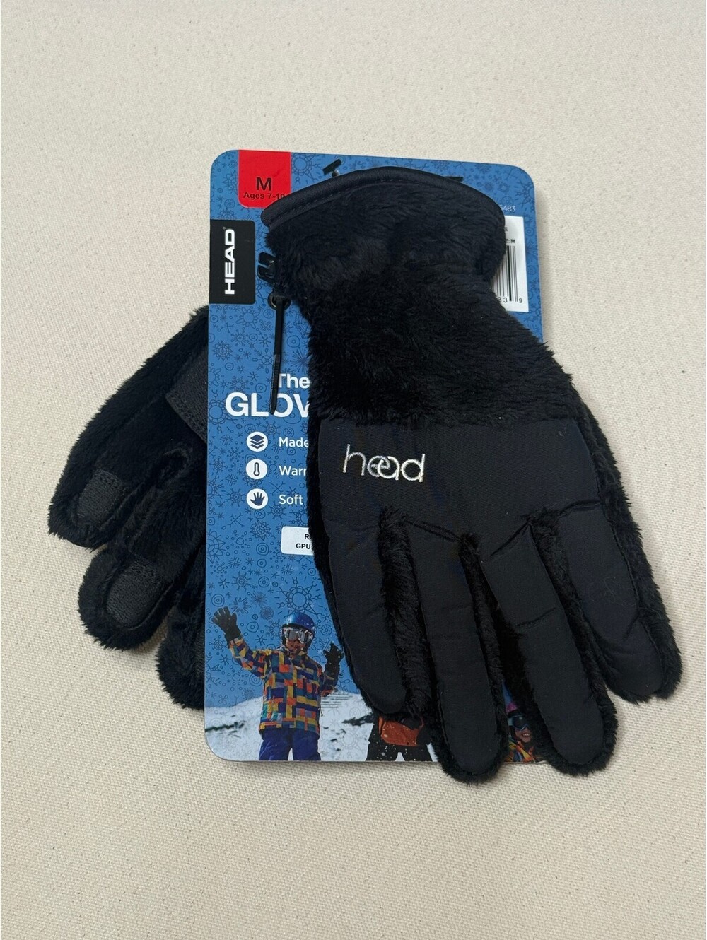 HEAD Kids ThermalFUR Fleece Gloves M Ages 7-10 Black Sorona NWT